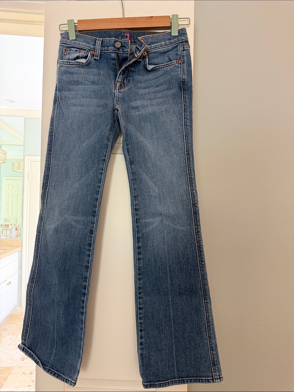 7 For All Mankind Petite woman/ girl . Flare Jeans in Medium Blue Wash